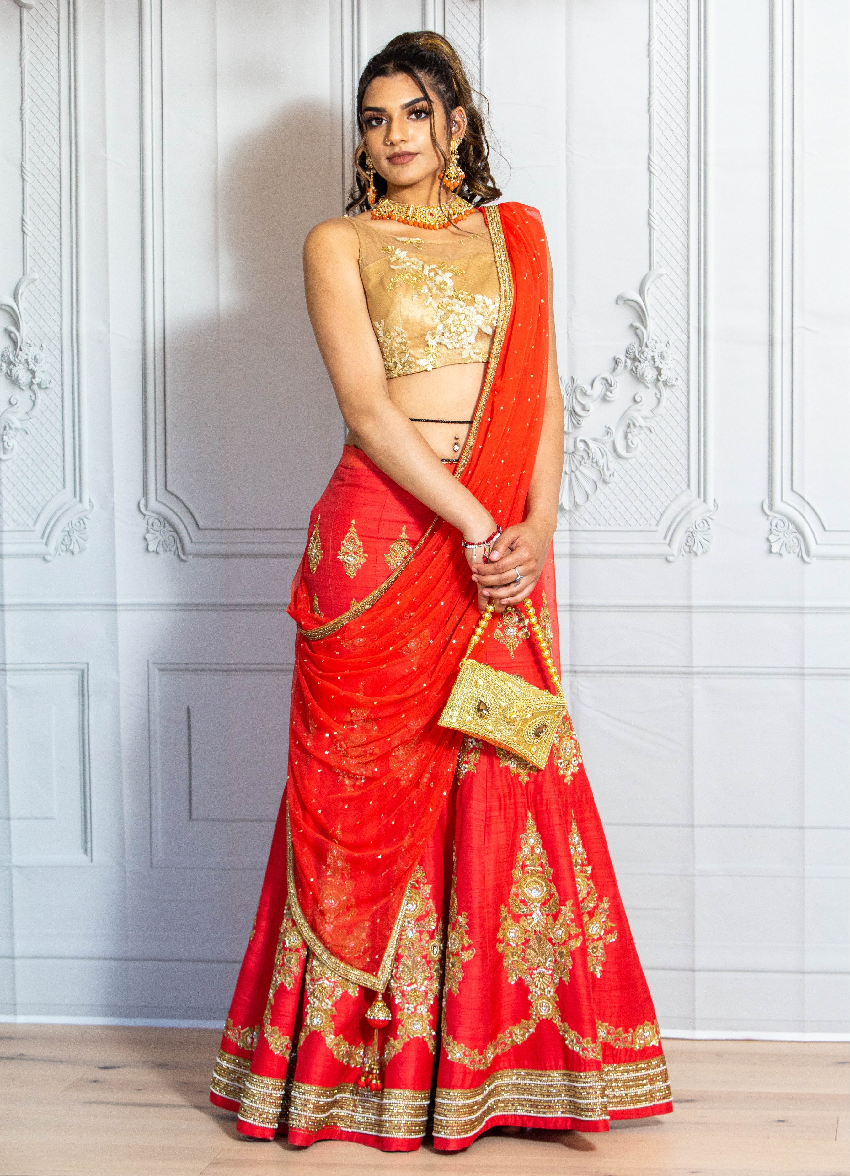 Red Drape Skirt & Gold Blouse | Aaryaa by KK