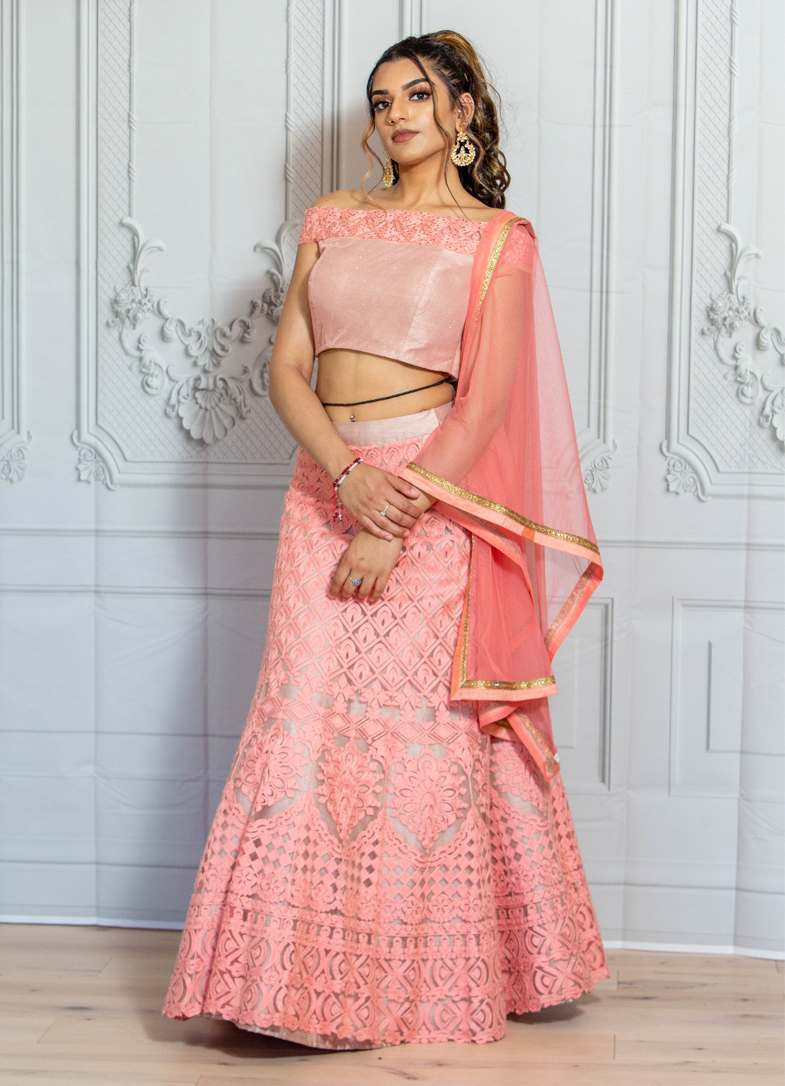Peach Lehenga Set in Georgette with Floral Sequin Work
