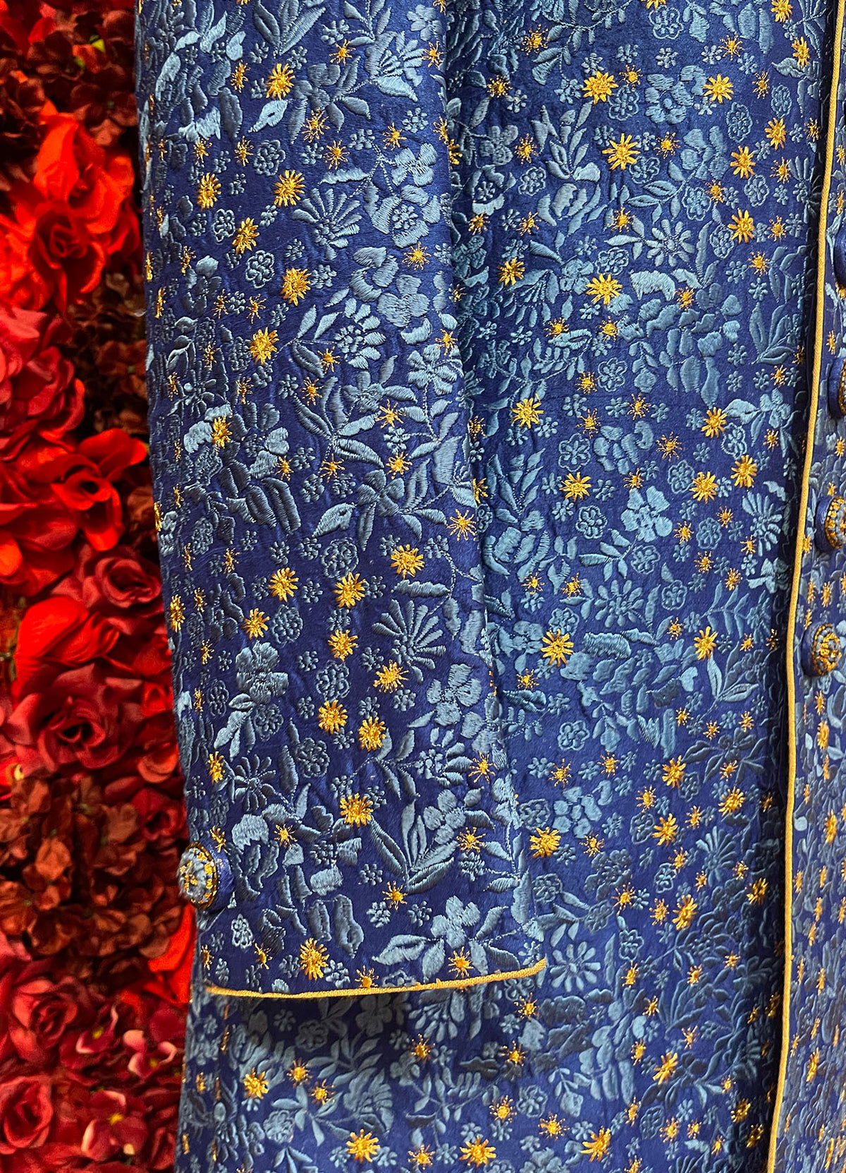Mens Blue Gold Sherwani_Groom Wear