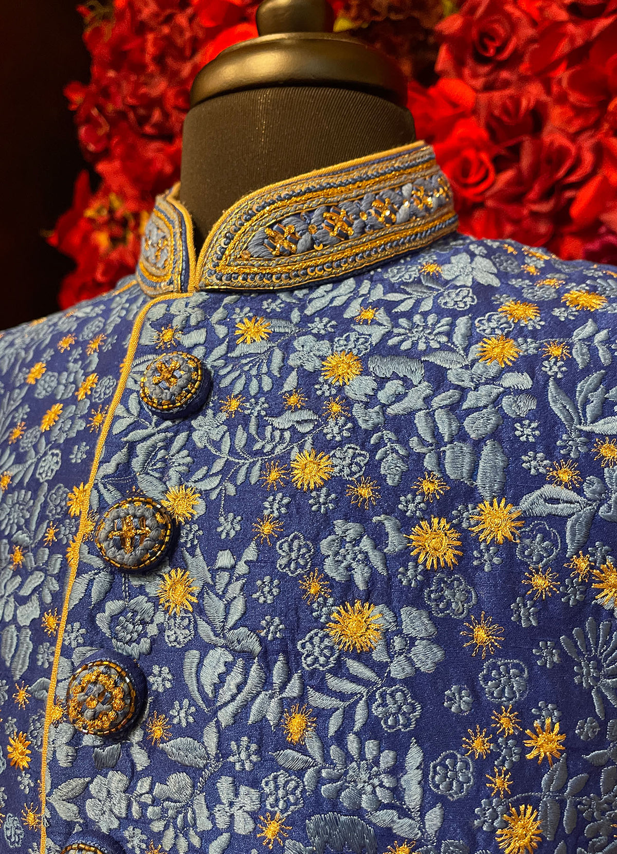 Mens Blue Gold Sherwani_Groom Wear