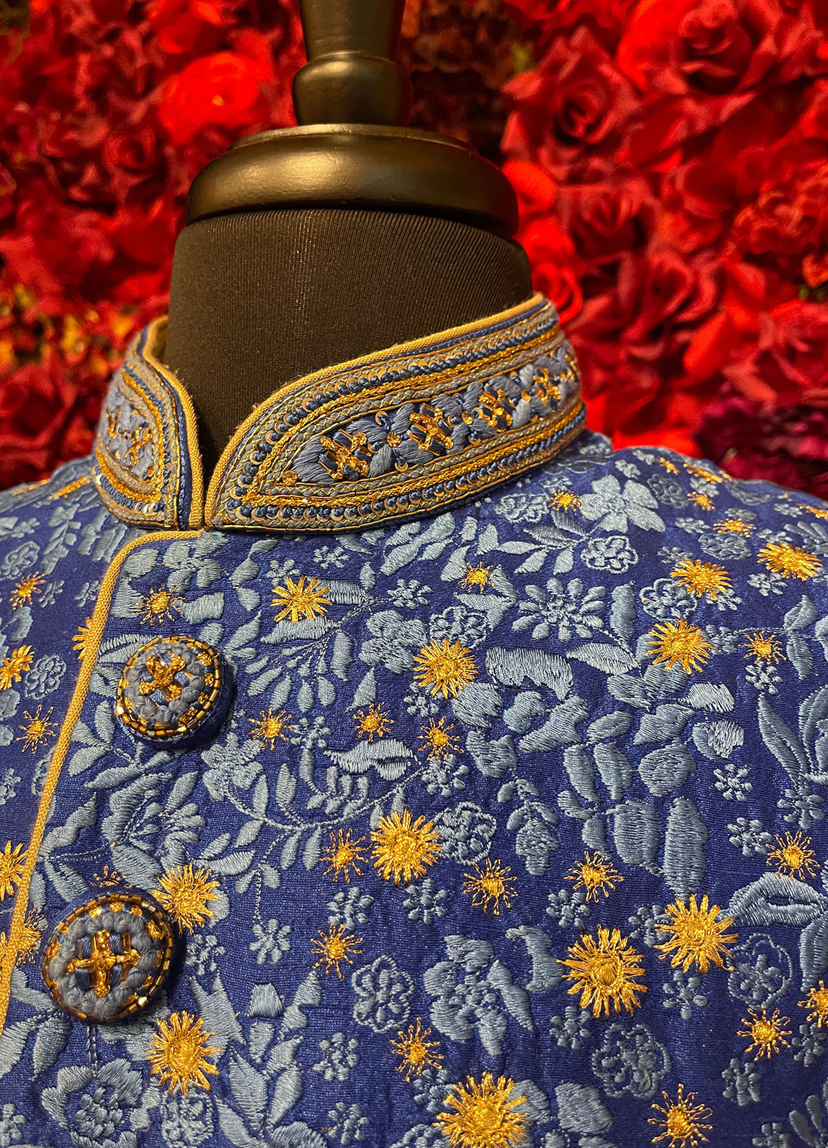 Mens Blue Gold Sherwani_Groom Wear
