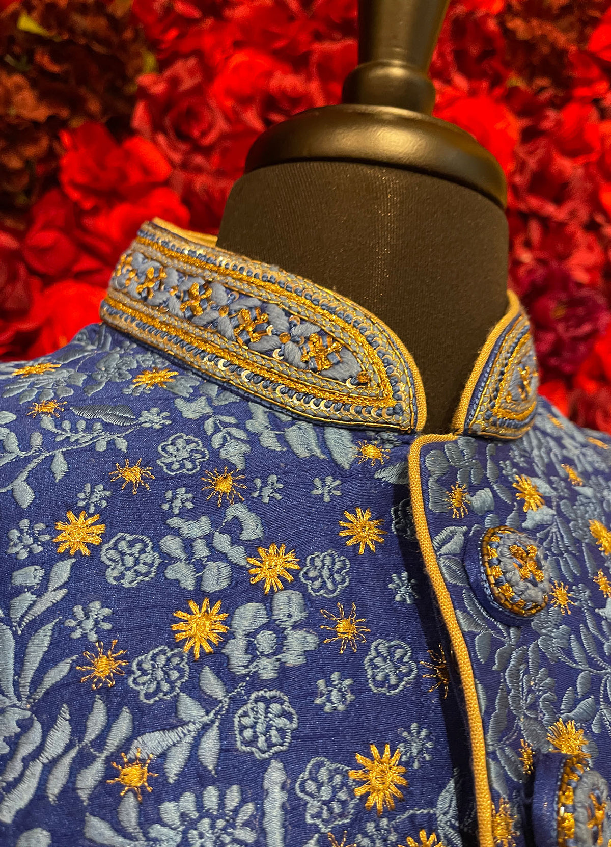 Mens Blue Gold Sherwani_Groom Wear