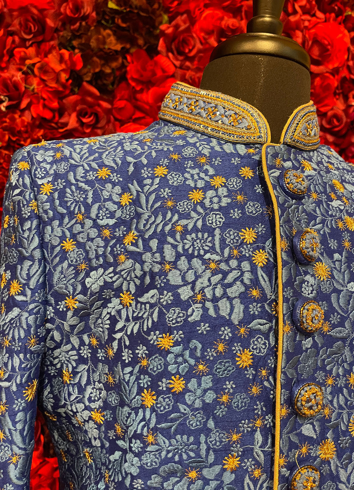 Mens Blue Gold Sherwani_Groom Wear