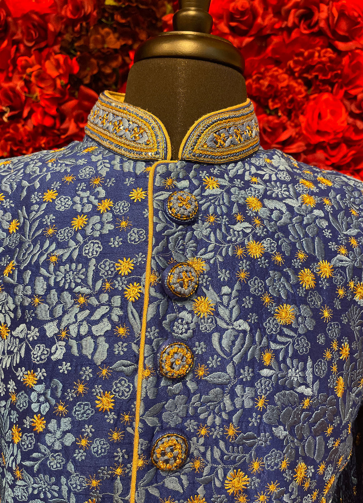 Mens Blue Gold Sherwani_Groom Wear