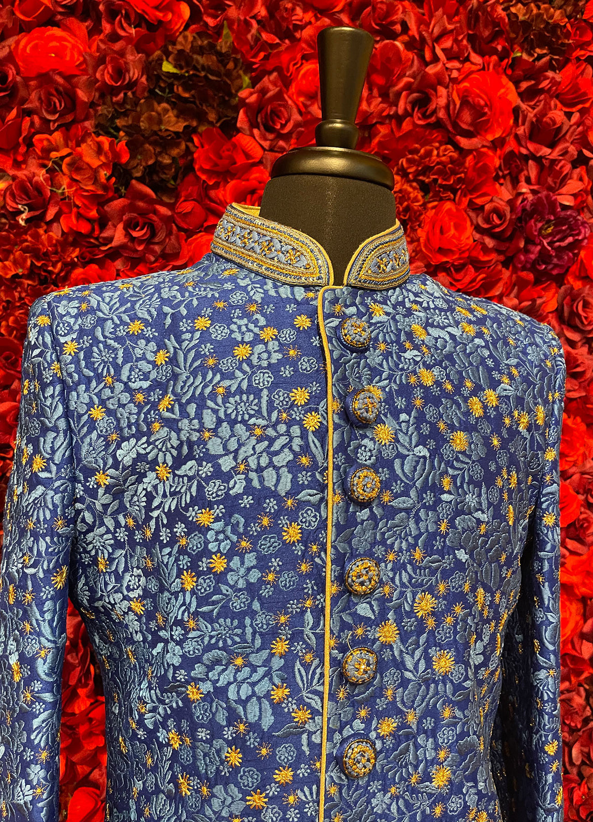 Mens Blue Gold Sherwani_Groom Wear
