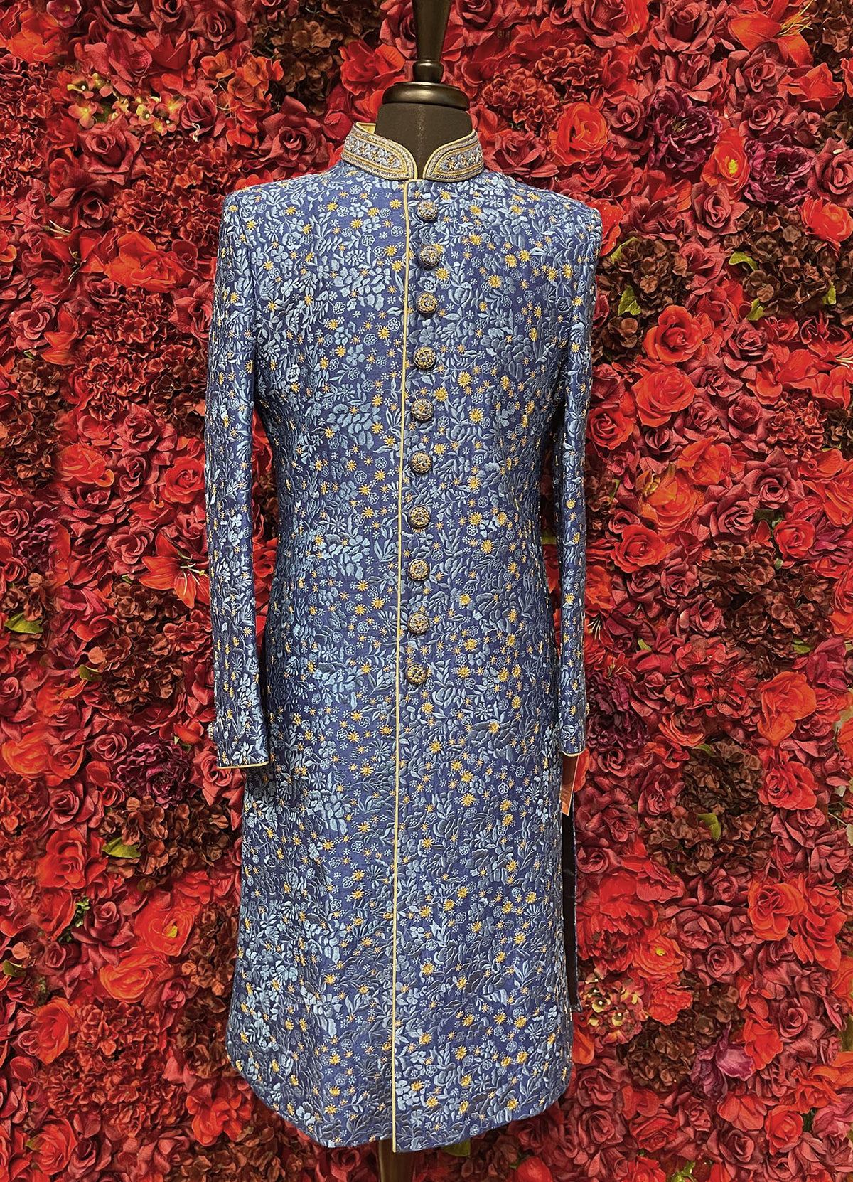 Mens Blue Gold Sherwani_Groom Wear