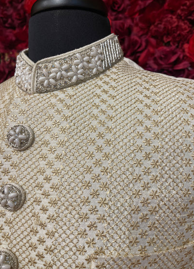 Mens Ivory Gold Sherwani_Groom Wear