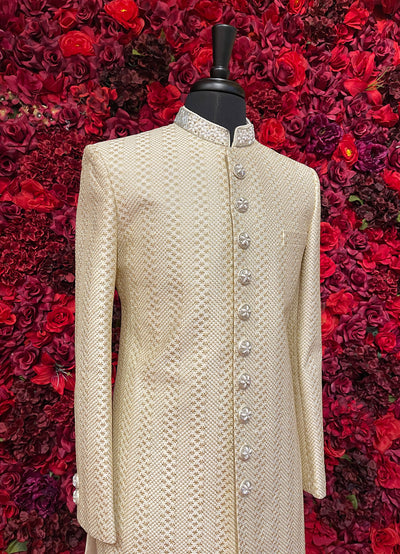 Mens Ivory Gold Sherwani_Groom Wear