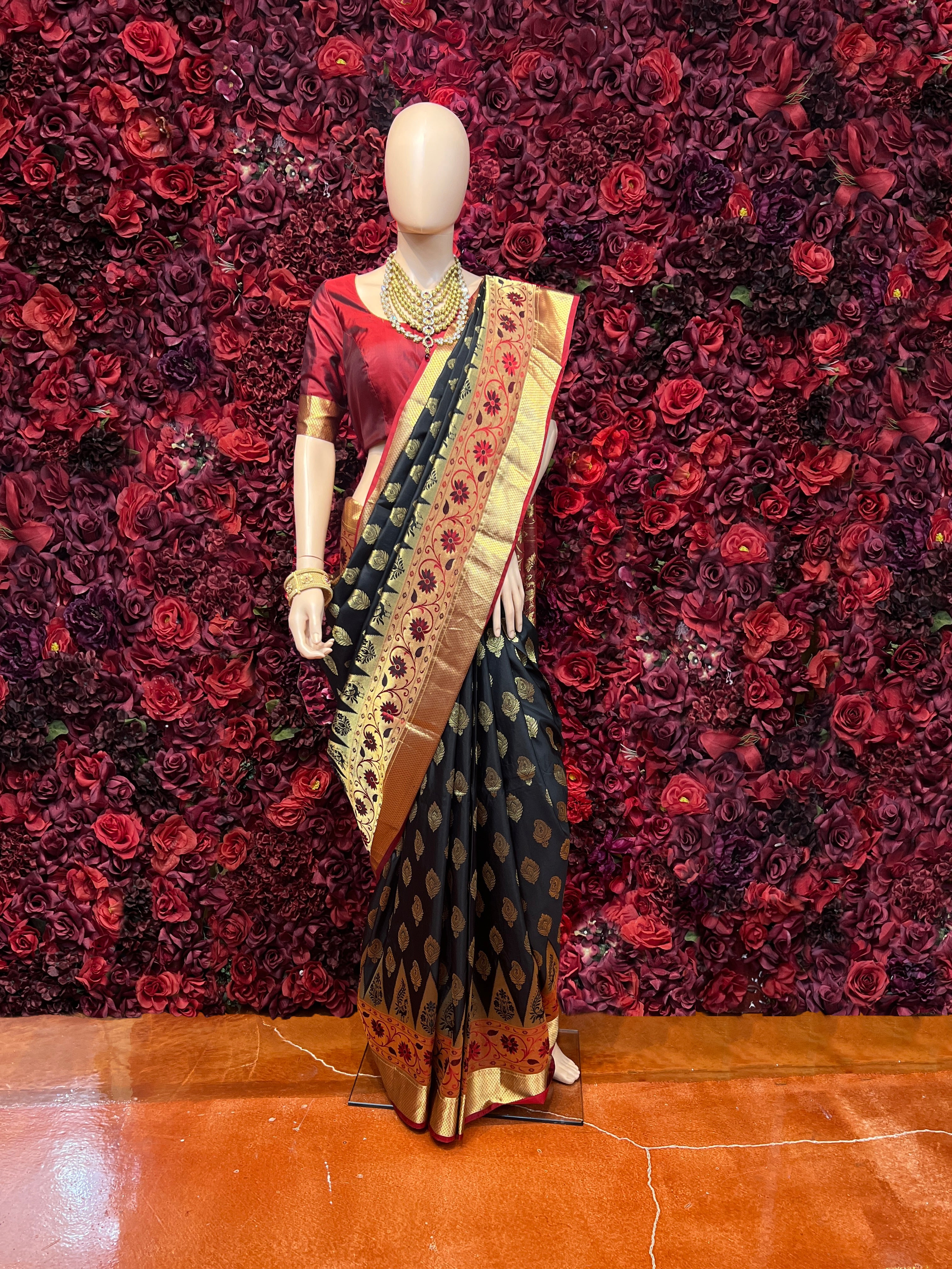 Black and red pure Paithani silk saree | Ofa