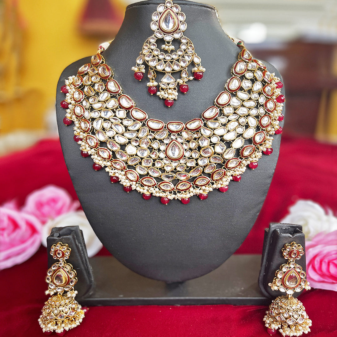 Gold_Red_Ethnic Indian Jewelry necklace with earings