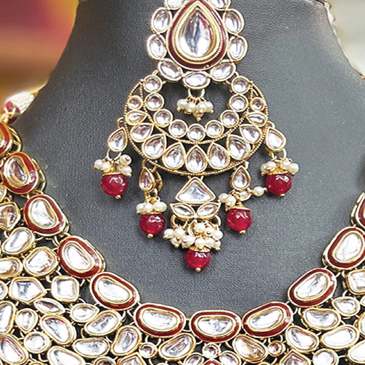 Gold_Red_Ethnic Indian Jewelry necklace with earings